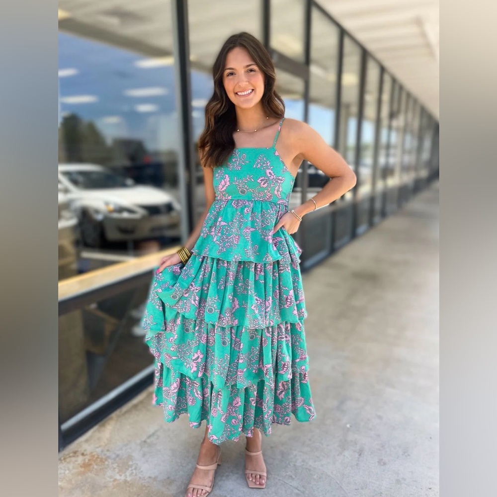 Entro Green & Pink Floral Tiered Midi Dress